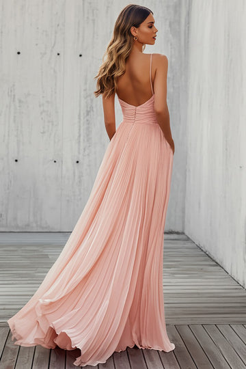Pink Chiffon A Line Spaghetti Straps Pleated Long Wedding Guest Dress